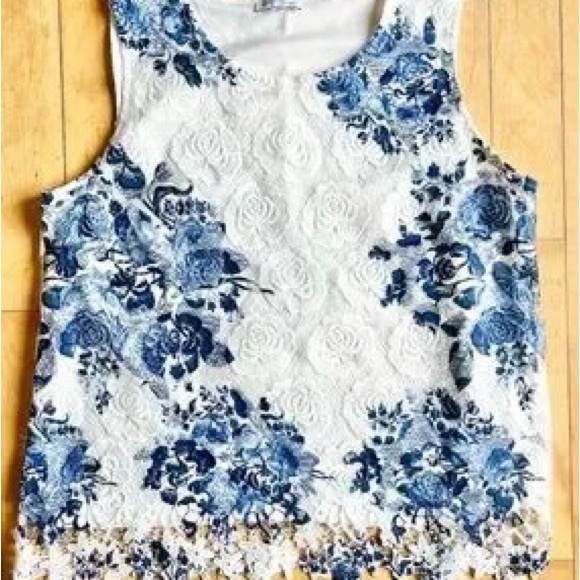 Tops - White Lace Tank Top with Blue Floral Print